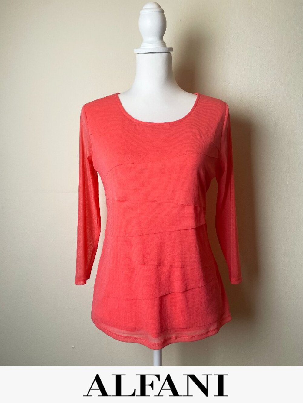 Alfani Coral Tiered Mesh Layered Blouse Sheer Sleeve Top | Small Size EUC